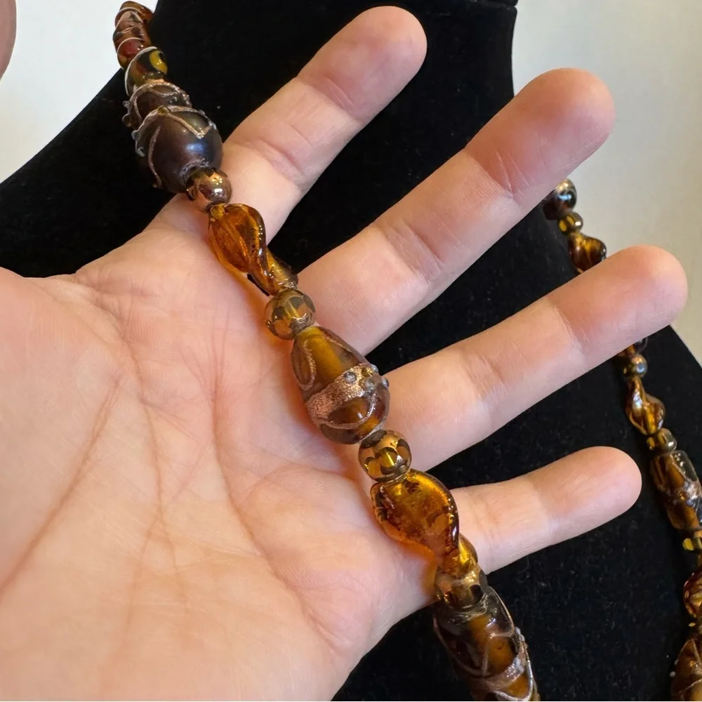 Vintage Brown Amber Color Gold Foil Lampwork Handmade Art Glass Beaded Necklace